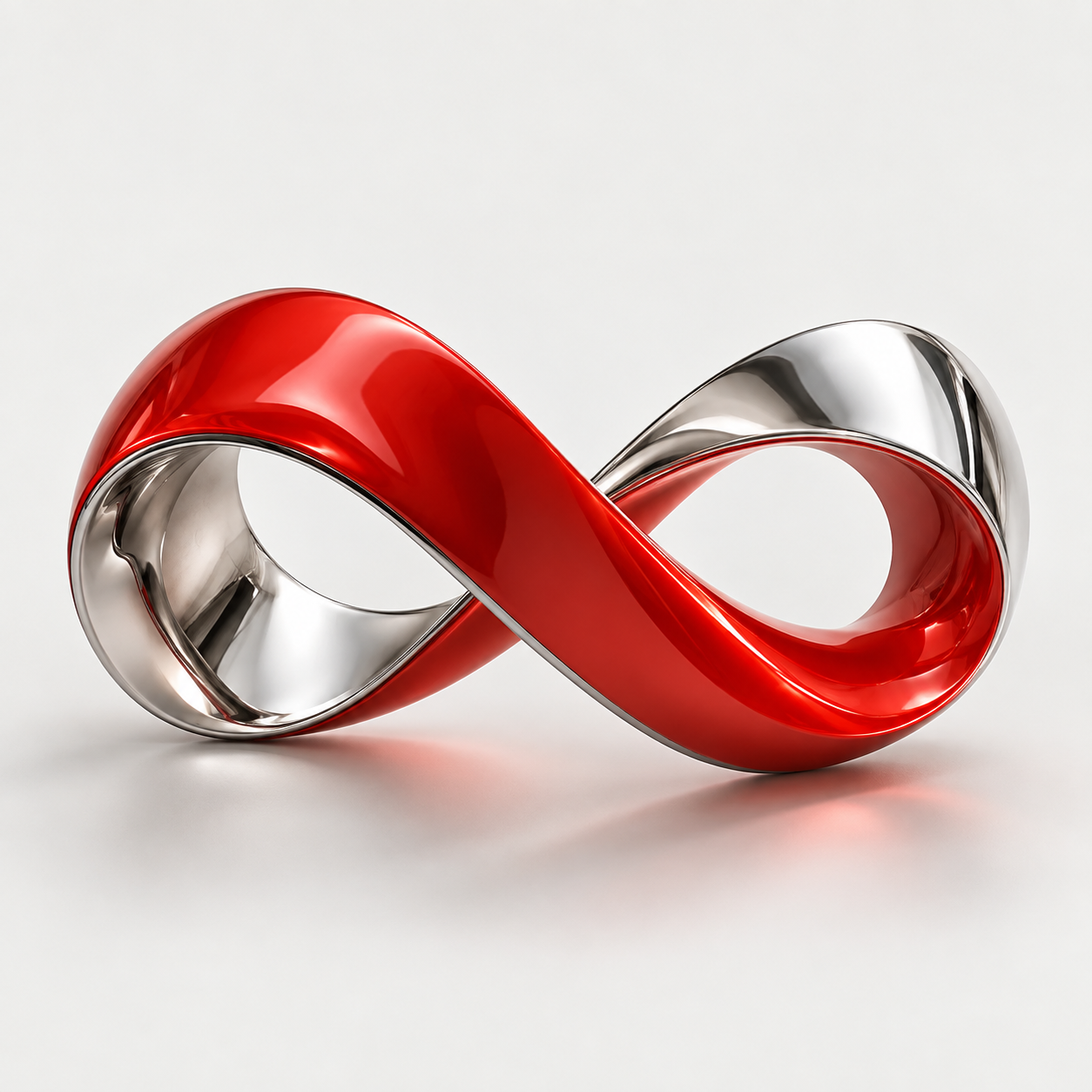 Escultura de un lazo infinito en rojo y cromo, unión de diseño y estrategia