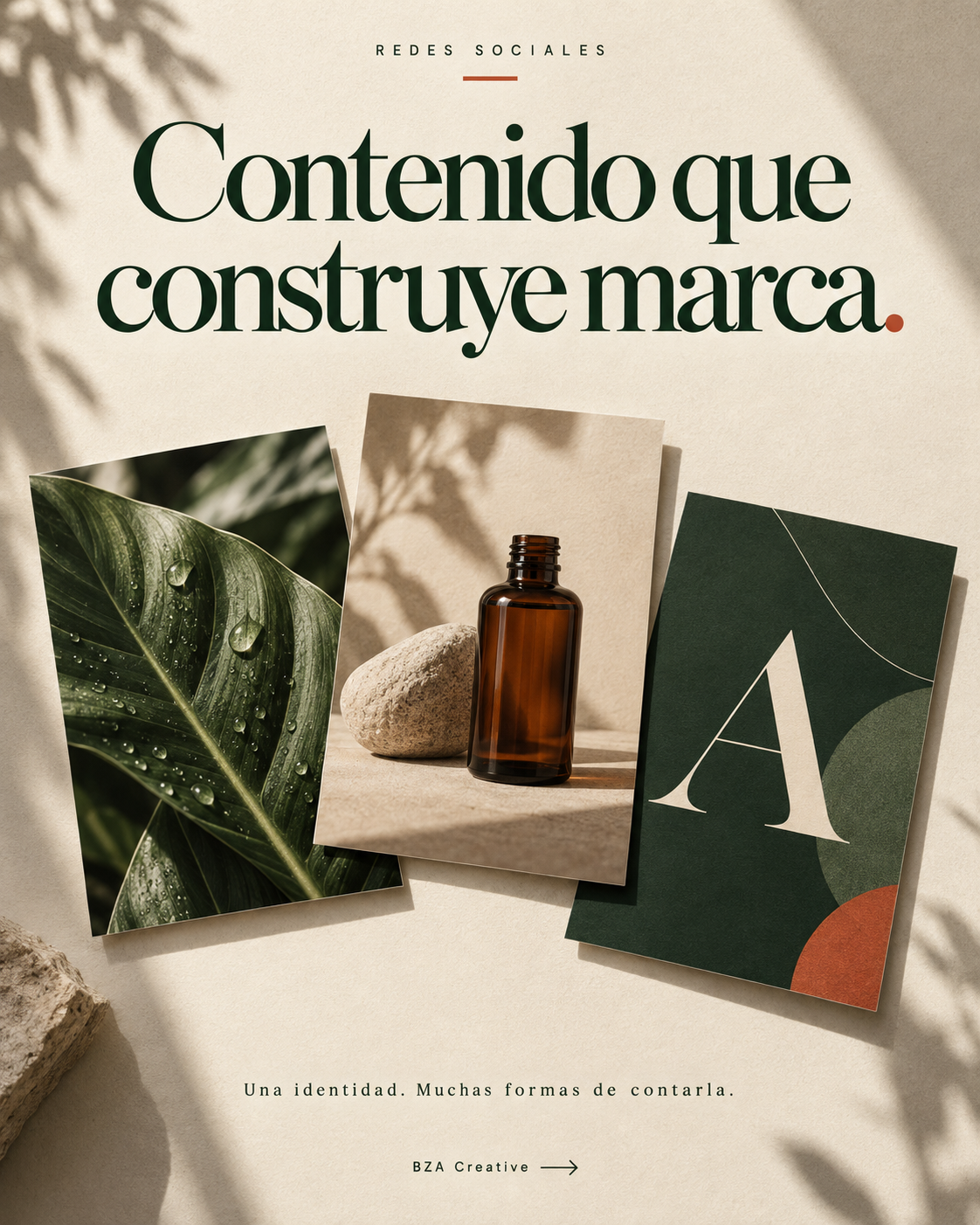 Contenido que construye marca: tres piezas distintas de una identidad botánica con hojas, un frasco y tipografía