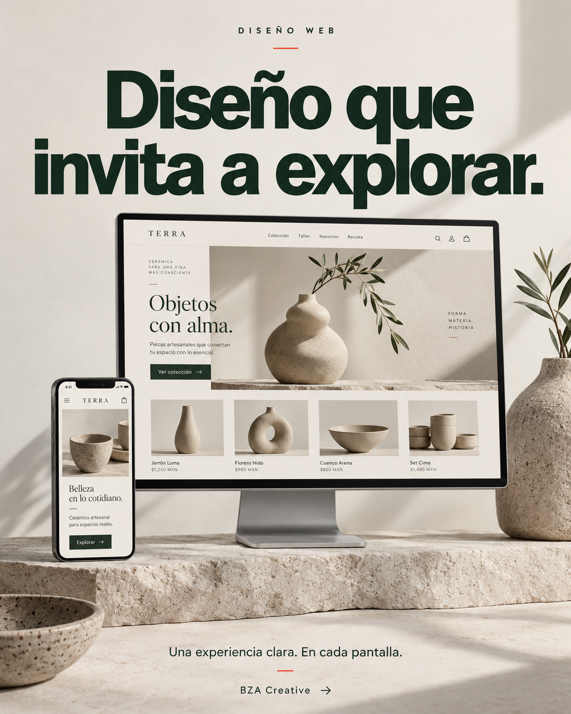Diseño que invita a explorar: tienda conceptual de cerámica mostrada en computadora y teléfono