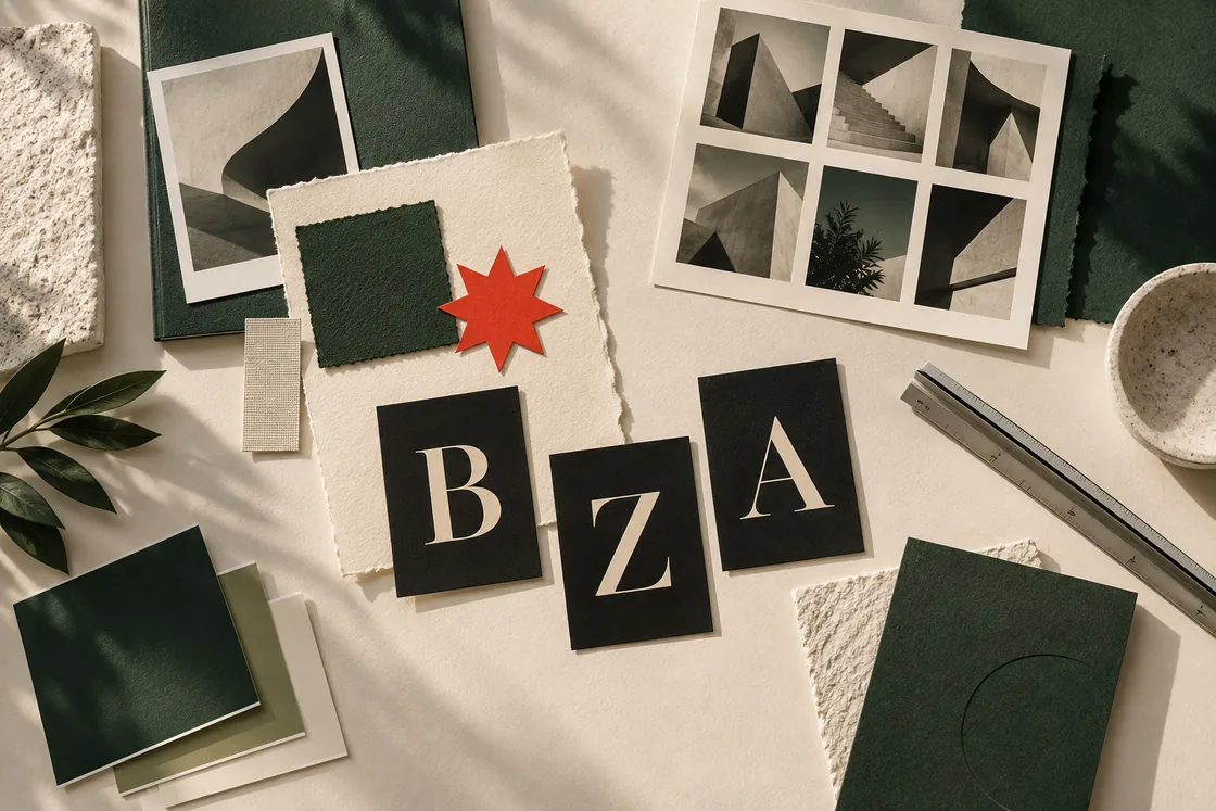 Exploración de identidad visual con papeles, colores y letras de BZA.