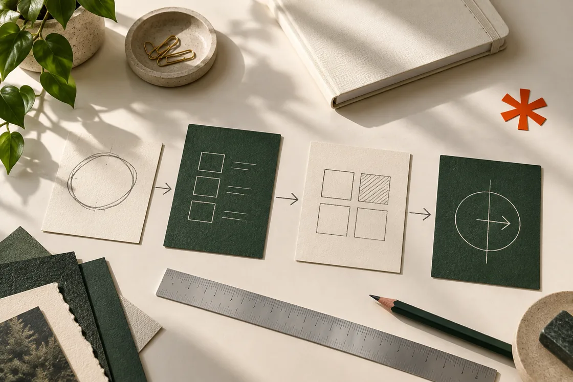 Tablero conceptual de planificación con tarjetas y referencias.