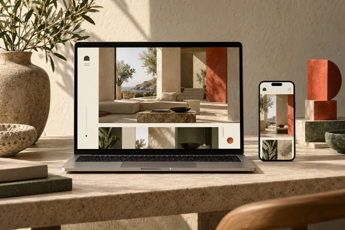 Concepto de sitio web adaptable, presentado en laptop y teléfono.